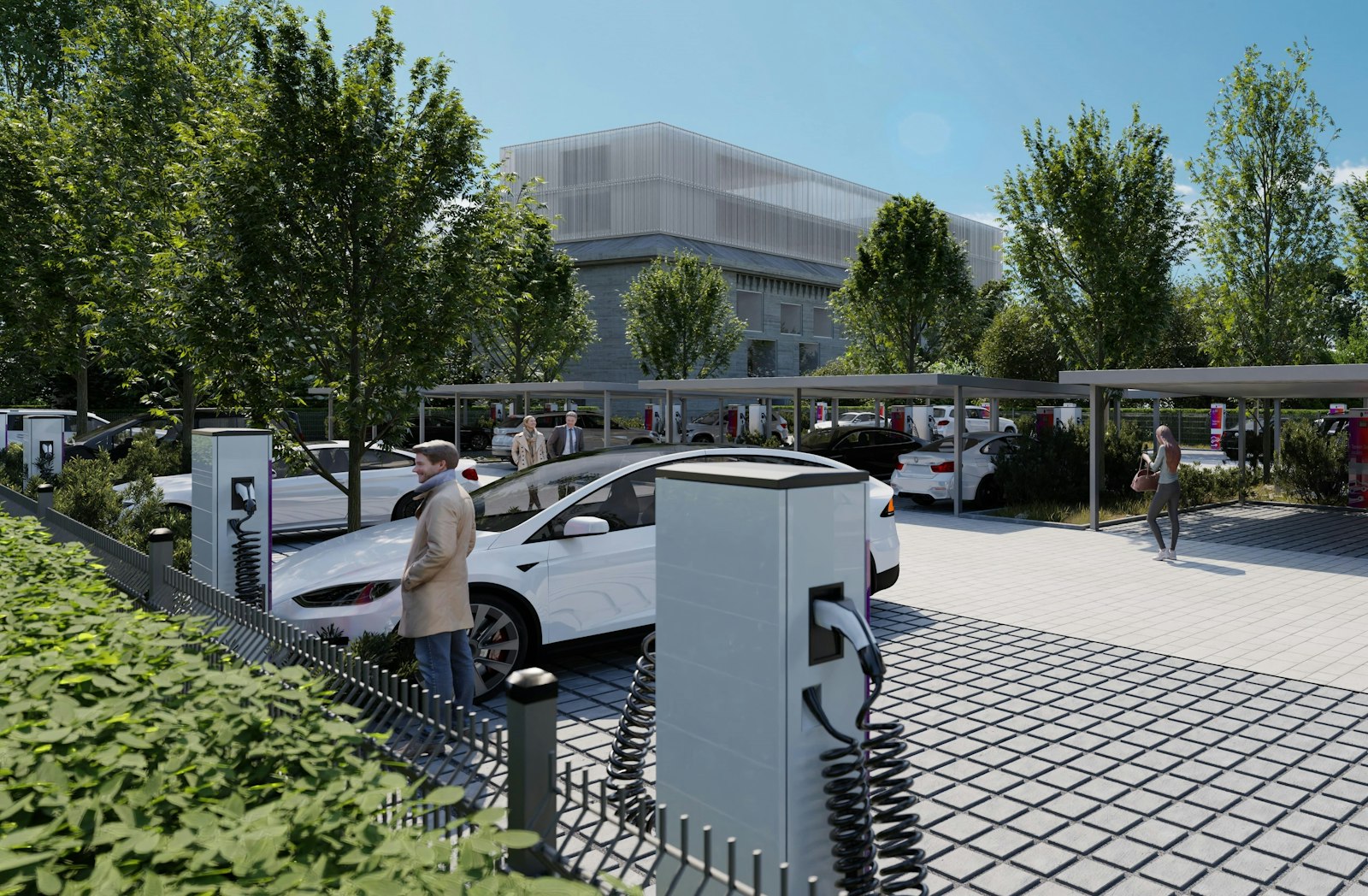 Visualisierung des E-Ladeparks Viele Personen laden draußen im E-Ladepark ihre Autos auf.