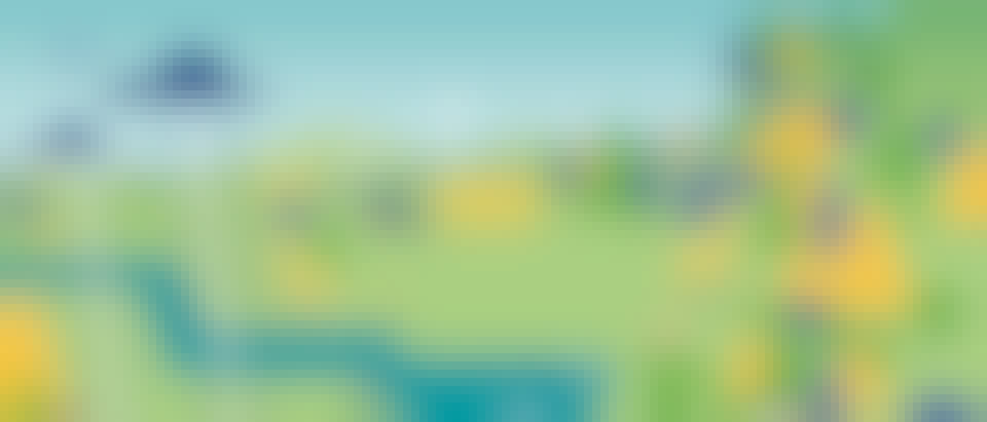 Dieses Bild zeigt eine Wiese, auf der Bäume und Tannen in grün und blau stehen. Es sind auch Rehe zu sehen und ein Traktor.