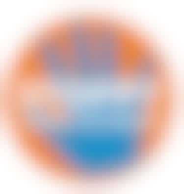 Dieses Bild zeigt eine blaue Hand auf einem Kreis in orange. Über allem steht der Satz "Stoppt Gewalt an Frauen".